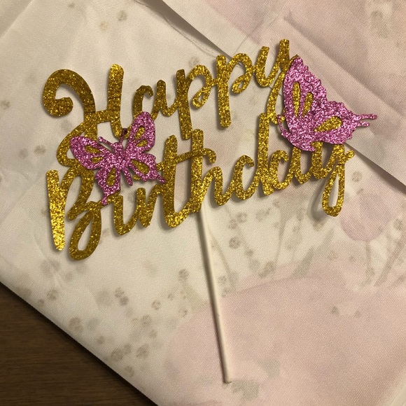 Butterfly Floral Happy Birthday Banner Party Sign & Glitter Cake Topper Set - Picture 2 of 3